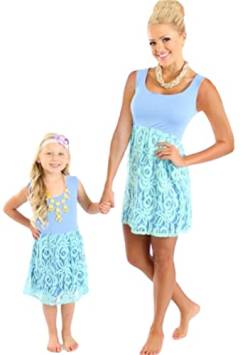 OMZIN Mommy and Me Kleider Vintage A-Linie Blumenspitze Bedrucktes O-Ausschnitt Strand Kurzarm Kleid Blau S von OMZIN