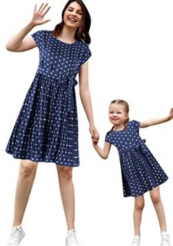 OMZIN Mutter-Tochter-Kleid Freizeitkleid Mit Kurzen Ärmeln Und Plissee-schwung Kleid Muttertag Tupfen-Boot-Ausschnitt Kleider Marineblau 4-5Y von OMZIN