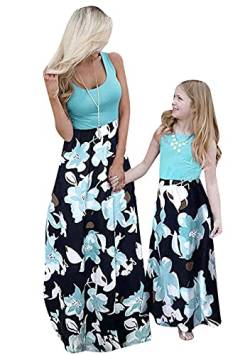 OMZIN Mutter Und Tochter Kleid Maxikleid Partykleid Spleißkleid A-Linie Kleid Rundhalsausschnitt Blumenkleid Familienkleid Grüne Blume M von OMZIN