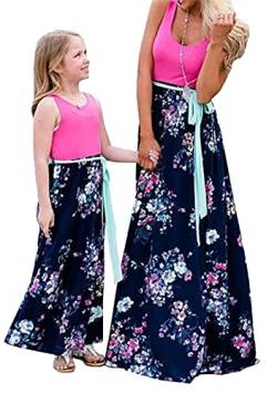 OMZIN Mutter Und Tochter Kleid Maxikleid Partykleid Spleißkleid A-Linie Kleid Rundhalsausschnitt Blumenkleid Familienkleid Rose Flower M von OMZIN