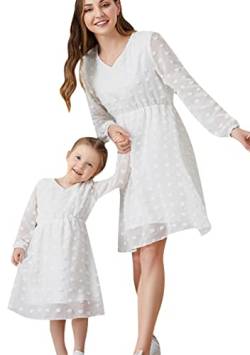 OMZIN Mutter Und Tochter Kleid Sommer Laterne Langarm Schweizer Punkt Kleid Muttertag V-Ausschnitt Chiffon Kleid Weiß XL von OMZIN
