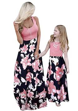 OMZIN Mutter Und Tochter Kleider Sommer Maxi Kleider Set Lange Kleider Rundhalsausschnitt Floral Strandkleid Rote Blume XL von OMZIN