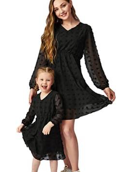 OMZIN Mutter Und Tochter Matching Dress Muttertag V-Ausschnitt Tunikakleid Swiss Dot Langer Laternenärmel Minikleid Schwarz 6-7Y von OMZIN