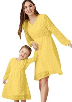 OMZIN Mutter Und Tochter Passender V-Ausschnitt Chiffon Kleid Ostern Laterne Langarm Schweizer Punkt Familie Tunika Kleid Gelb 8-9Y von OMZIN