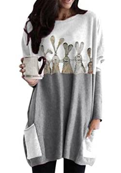 OMZIN Ostern Kaninchen Sweatshirt Für Damen Casual Bunny Print Lange Ärmel Crewneck Lose Pullover Top Grau Fünf Hasen S von OMZIN