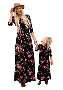 OMZIN Eltern-Kind-passendes Kleid Familienparty-Kleidung Outfits Mama ich passende Blumen-Langarm-Maxikleider B-Blumen Schwarz A XL von OMZIN