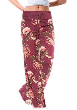 OMZIN Schlafanzughose Damen Baumwolle mit Drawsting Blumenmuster Hose Weite Bein Lange Hose für Damen für Zuhause Yogahose Rot L von OMZIN