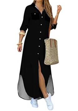 OMZIN Shirt Kleid Für Damen Revers Langarm Button Down Shirt Kleid Pocket Print Party Casual Maxi Long Dress Schwarz XXL von OMZIN