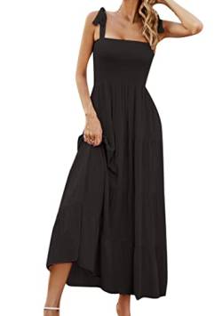 OMZIN Smocked Tiered Dress Tie Strap Sleeveless Long Dress Square Neck Spaghetti Strap Swing Sundress Women's Festes Schwarz L von OMZIN