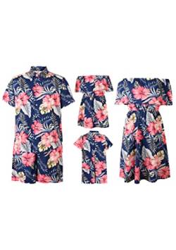 OMZIN Sommer-Outfits FüR Die Ganze Familie Passendes Strandkleid FüR Mama Und Mich Ostern Elastisch Taillierte Shorts Knopfhemd Blau L von OMZIN