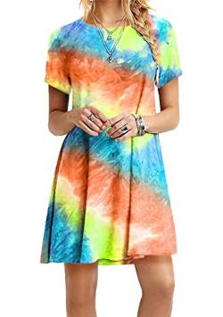 OMZIN Sommerkleid Shirtkleid Rundhals mit Tie-Dye Druck Tunika Minikleid Freizeitkleid für den Alltag Lose Fit Lockeres Kleid Orange 4XL von OMZIN