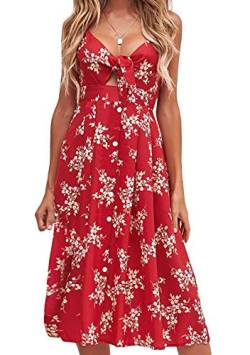 OMZIN Sommerkleider Damen V-Ausschnitt Spaghettiträger Rückenfreies Blumen Strand Kleider A-Linie Abendkleid Knielang Rote Blume S von OMZIN