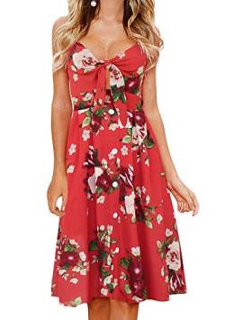 OMZIN Sommerkleider für Damen Rückenloses Slimetti-Midikleid mit schmaler Passform und Taschen Rot grüne Blume XS von OMZIN