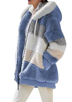 OMZIN Teddy-Fleece-Mantel für Frauen Casual Fuzzy Fluffy Hoodie Einfarbig Warmer Stilvoller Reißverschluss-Pullover mit Taschen Blau 5XL von OMZIN