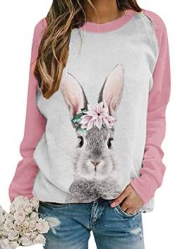 OMZIN Teenager Mädchen Sommer Kurzarm Tops Damen Ostergeschenke Bunte Häschen Print Pullover Lose T Shirts Pink XXL von OMZIN