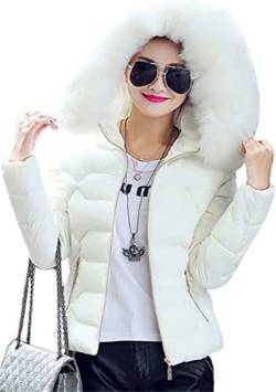 OMZIN Warmer Wintermantel Damen Gefütterter Mantel Steppjacke Übergangsjacke Einfarbig Reißverschluss Kapuzenjacke Weiß XL von OMZIN