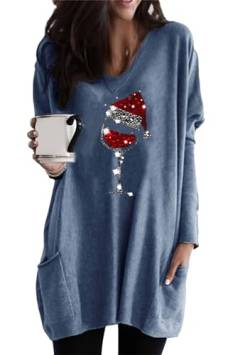 OMZIN Xmas Plus Größe Frauen Langarm Weihnachten Gedruckt O-Neck Oversized Sweatshirt Farbe Matching Print Blusen Blau M von OMZIN