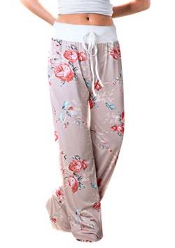 OMZIN Yogahose Damen Freizeit Lose Weit Bein Lang Schlafanzug mit Tasche Freizeithose aus Baumwolle Sommerhose für Garten Beige 3XL von OMZIN
