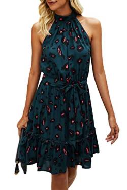 ONAYEYO Damen Blumen Kurz Sommerkleid Ärmellos Halter Neck Strandkleid Rüsche Sommer Boho Kleider mit Gürtel Polka Dot Leopardenmuster Minikleid (L, Dunkelgrün) von ONAYEYO