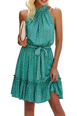 ONAYEYO Damen Blumen Kurz Sommerkleid Ärmellos Halter Neck Strandkleid Rüsche Sommer Boho Kleider mit Gürtel Polka Dot Leopardenmuster Minikleid (L, Grüne Tupfen) von ONAYEYO