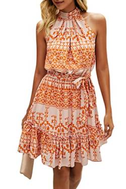 ONAYEYO Damen Blumen Kurz Sommerkleid Ärmellos Halter Neck Strandkleid Rüsche Sommer Boho Kleider mit Gürtel Polka Dot Leopardenmuster Minikleid (L, Orange) von ONAYEYO