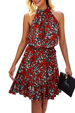 ONAYEYO Damen Blumen Kurz Sommerkleid Ärmellos Halter Neck Strandkleid Rüsche Sommer Boho Kleider mit Gürtel Polka Dot Leopardenmuster Minikleid (L, Rote Blume) von ONAYEYO