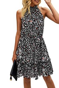 ONAYEYO Damen Blumen Kurz Sommerkleid Ärmellos Halter Neck Strandkleid Rüsche Sommer Boho Kleider mit Gürtel Polka Dot Leopardenmuster Minikleid (XL, Schwarz) von ONAYEYO