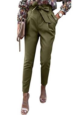 ONAYEYO Damen Casual High Waist Hose Einfarbig Elegant Lang Hosen Elastische Taille Carpi Hose mit Bogenknoten Taschen (L, Armeegrün) von ONAYEYO
