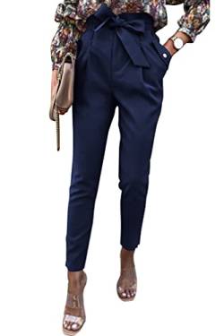ONAYEYO Damen Casual High Waist Hose Einfarbig Elegant Lang Hosen Elastische Taille Carpi Hose mit Bogenknoten Taschen (L, Dunkelblau) von ONAYEYO
