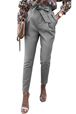 ONAYEYO Damen Casual High Waist Hose Einfarbig Elegant Lang Hosen Elastische Taille Carpi Hose mit Bogenknoten Taschen (L, Hellgrau) von ONAYEYO