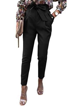 ONAYEYO Damen Casual High Waist Hose Einfarbig Elegant Lang Hosen Elastische Taille Carpi Hose mit Bogenknoten Taschen (L, Schwarz) von ONAYEYO