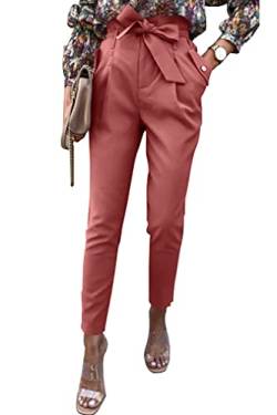 ONAYEYO Damen Casual High Waist Hose Einfarbig Elegant Lang Hosen Elastische Taille Carpi Hose mit Bogenknoten Taschen (L, Ziegelrot) von ONAYEYO