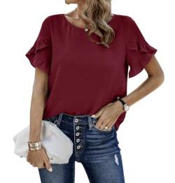 ONAYEYO Damen Einfarbig Rüschen Blütenblattärmel Bluse T-Shirt Casual Spitzenhäkelarbeit Kurzarm Drucken Shirt Oberteil Lose Sommer Rundhals Tunika Top (L, 65 Weinrot) von ONAYEYO