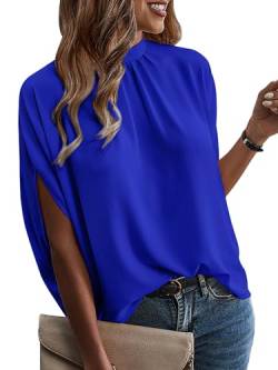 ONAYEYO Damen Elegant Bluse Casual Lose Tunika Shirt Hinten Schnüren Verspotten Nacken Dolman-Ärmel Oberteil T Shirt Sommer Einfarbig Top (M, Blau) von ONAYEYO