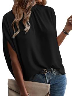 ONAYEYO Damen Elegant Bluse Casual Lose Tunika Shirt Hinten Schnüren Verspotten Nacken Dolman-Ärmel Oberteil T Shirt Sommer Einfarbig Top (S, Schwarz) von ONAYEYO