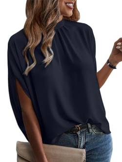 ONAYEYO Damen Elegant Bluse Casual Lose Tunika Shirt Hinten Schnüren Verspotten Nacken Dolman-Ärmel Oberteil T Shirt Sommer Einfarbig Top (XL, Dunkelblau) von ONAYEYO