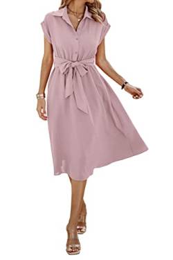 ONAYEYO Sommerkleid Damen Lang Einfarbig Knopf Midikleid Freizeitkleid Sommer V-Ausschnitt Kurzarm Shirt Kleid mit Tasche Elegant Blusenkleid Strandkleid mit Gürtel (XL, Hellrosa) von ONAYEYO