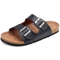 ONCAI Hausschuhe Herren, Kork Pantoletten Flache Sommerstrand Schlappen Drinnen und Draußen Sandalen Mit Verstellbarer Rieme Schwarz EU 44.5 von ONCAI