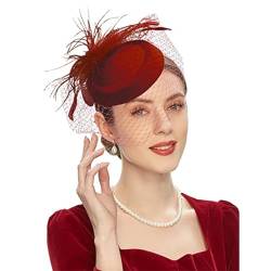 Fascinator Hut Brautschleier Haar Hochzeit Hüte Kopfschmuck Federschleier Haarspangen Haarbänder zur Teeparty (Farbe : Burgundy, Size : One Size) von ONDIAN