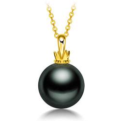 ONDIAN 18 Karat natürliche schwarze Perlen-Anhänger-Halskette, 9–10 mm, echte Tahiti-Zuchtperlen, kronenförmiger Anhänger für Frauen mit 45,7 cm langer Kette von ONDIAN