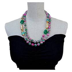 ONDIAN 2 Stränge fuchsiagrüne facettierte und weiße Biwa-Perlen-Kristall-Türkis-Halskette von ONDIAN