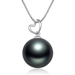 ONDIAN Authentische schwarze Tahiti-Perlen-Anhänger-Halskette, 10–11 mm rund, 18 Karat weiß, herzförmig – Schmuckgeschenke für Frauen, Ehefrau, Mutter, Tochter von ONDIAN