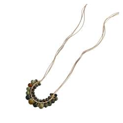 ONDIAN Geflochtener Anhänger aus Natursteinperlen mit mehrschichtiger Kette, lange Halskette für Damen von ONDIAN