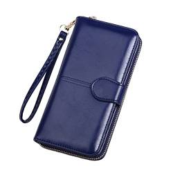 ONDIAN Lange Geldbörse Damen Oilskin Wallet Long Dreifache Handytasche Frauen Zipper Coin Bag Damen Geldbörse (Farbe : Dark Blue, Size : 19x9.5cm) von ONDIAN