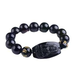 ONDIAN Natürliches Obsidian-Armband für Männer, handgeschnitzt, acht Schutzheilige, 12–16 mm, runder Sternzeichen-Perlen-Armreif, Schmuck-Rotbraun, 16 cm von ONDIAN