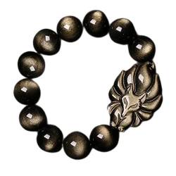 ONDIAN Naturstein-Obsidian-Strang-Fuchs-Perlen-Armband und Armreif-Schmuck, 8–16 mm, neunschwänzige runde Perlenarmbänder für Damen/Herren, 12 mm von ONDIAN