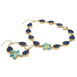 ONDIAN Schmuck natürliche blaue Lapislazuli-Türkis-Blumen-weiße Biwa-Perle mit galvanisiertem Rand-Halsketten-Armband von ONDIAN