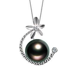 ONDIAN Schwarzer Tahiti-Perlen-Anhänger, modisch, exquisite Mondblume, 10–11 mm, echte runde Perlenkette mit Geschenkbox von ONDIAN