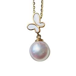 ONDIAN Uhr-Schmetterlings-Perlen-Anhänger, 18 Karat natürliche weiße Perlen-Anhänger-Halskette mit Geschenkbox für Frauen von ONDIAN