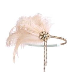 Vintage Feder Stirnband Vintage Strass Kopfschmuck Perlen Feder Haarband Federhaar Themenparty (Farbe : Champagne, Size : One Size) von ONDIAN